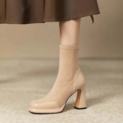 Chunky Heel Short Boots for Women Autumn Winter Splicing Waterproof Platform Skinny Boots Suede Temperament High-heeled Botines