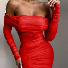 Ingvn - Trends high quality Off Shoulder Ruched Double Layer Mesh Dress Women Long Sleeve Sexy Dresses Ladies Autumn Party Long Christmas Dress