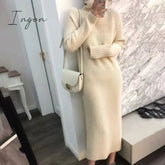 Ingvn - Turtleneck knitted sweater dress ladies fall winter elastic cashmere bottoming shirt midlength over the knee thick sweater dress