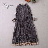 Ingvn - Japanese Mori girl art print dress autumn new floral dress loose long-sleeved dress