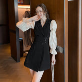 Korean Black Patchwork Short Dresses Women Autumn New Fashion Slim Office Lady Notched Collar Long Sleeves Female Clothing