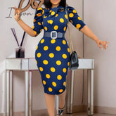Ingvn - Elegant Office Dresses for Ladies 2023 Business Dot Printed High Waisted Short Sleeve Mid Calf Fashion Work Wear Cloth Dress OL