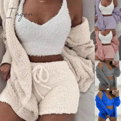 Ingvn - Three Piece Sexy Fluffy Outfits Plush Velvet Hooded Cardigan Coat+Shorts+Crop Top Women Tracksuit Sets Casual Sports Sweatshirt