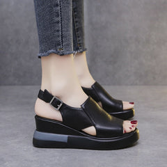 Thick-soled Wedge Sandals Women Summer High-heeled Fish Mouth Women's Shoes Soft Leather High Platform Shoes Slippers