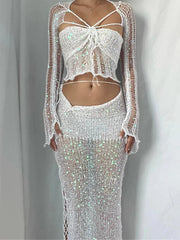 Crochet Knitted Dress Two Piece Skirt Sets Summer Women Clothes Sexy Crop Tops Elegant Knit Sequin Dress 3 Piece Set Outfit