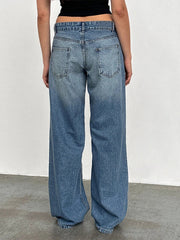 Women Jeans Low Waist Solid Color Wide Leg Straight Trousers with Pockets for Daily Streetwear Fashion Denim Pants
