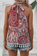 Ingvn - Bohemian Vintage Geometric Print Tassel Asymmetrical Halter Tops