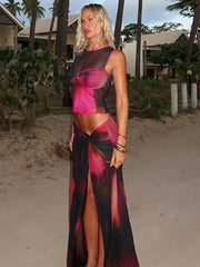 Mesh Print Sexy Skirt Sets Women O Neck Sleeveless Crop Tops And Split Skirt Ladies Sexy Club Party 2 Piece Sets