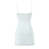 Sexy Women Flocking Polka Dot Mesh Dress Summer Lady Thin Straps V Neck A-line Sling Mini Dress White Robe