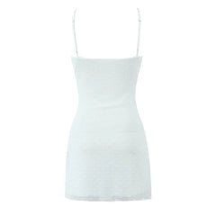 Sexy Women Flocking Polka Dot Mesh Dress Summer Lady Thin Straps V Neck A-line Sling Mini Dress White Robe