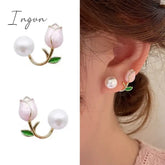 French Light Luxury Pink Tulip Flower Pearl Stud Earrings For Women Korean Zircon Exquisite Earring Party Christmas Jewelry Gift