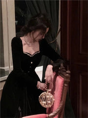 Vintage Velvet Women's Dresses Autumn Black Bodycon Evening Party Dress Korean Style Elegant Long Sleeve Graduation Vestidos