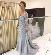 Ingvn - Elegant Silver Long Sleeves Mother Of The Bride Clothes V Neck Bride Patin Evening Dress Wedding Party Guest Clothes New