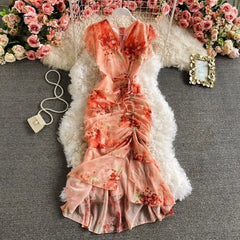 Ingvn - Vintage V-Neck Printed Chiffon Drawstring Mermaid Midi Dress Women Elegant High Waist Ruffle Vestidos Fashion Spring Summer