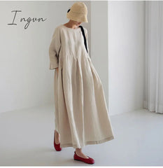Ingvn - Women Summer Cotton dresses Nine-point Sleeves dress long Maxi dress loose robes casual Dress customized plus size dress boho Linen dress