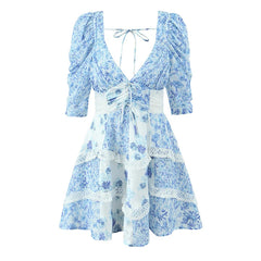 Lace Spliced Blue Floral Print Summer Dress Women Sexy Backless V Neck A-line Mini Dresses Holiday Vestido Boho Robe