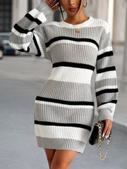 Cozy Stripe Acrylic Knit Sweater Dress for Women - Soft Crew Neck, Long Sleeve, Midi Length, Color Block Pattern, Elegant Fall/Winter Collection, Casual Chic, Versatile, and Comfortable