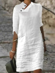 Ingvn - Women's Cotton Linen Dress Casual Dress Shift Dress Midi Dress Cotton Blend Fashion Basic Outdoor Daily Vacation Stand Collar Button Half Sleeve Summer Spring 2023 Black White Blue Plain S M L