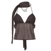 Cute Print V Neck Halter Crop Top with Scarf Women Casual Sleeveless Backless Bandage Strap Top Sexy Party Clubwear Camis
