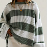 Cozy Striped Crew Neck Pullover Sweater - Soft, Casual, and Versatile Long Sleeve Drop Shoulder Rib-Knit Acrylic Top with Slight Stretch, Fashionable Loose Fit, and Easy Care for All Seasons