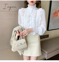 Ingvn - Woman Chic Long Sleeve Stand Collar Blouses Women Casual Loose White Tops Korean Lace Ruffles Elegant Chiffon Shirt Blusas