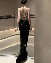 Party Dresses Women Criss Cross Sequins Backless Bandage Sleeveless Slim Vintage Sexy Party Dress Temperament Chic