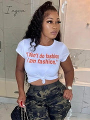 Ingvn - Y2K White Crop T Shirt Women Letter Print O-Neck Short Sleeve Casual Crop Tops Fashion Cute Streetwear Summer Slim Tees