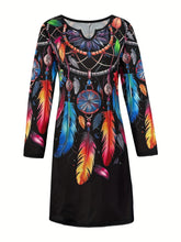 Boho-Chic Vintage Feather Print Dress - V-Neck, Long Sleeve, Stretchy Polyester Blend, Machine Washable - Perfect for Fall