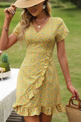 Ingvn - Floral Short Sleeve Surplice Neck Ruffled Dress
