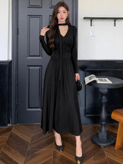 Elegant Solid Pleated Knitted Dress for Women Autumn V-Neck Long Sleeve Slim Party A-Line Chic Vestidos Female Evening Dresses