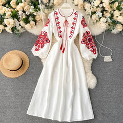 Ingvn - Women Autumn Dresses Bohemian Embroidered Flower O-Neck Lantern Sleeve High Waist Pleated Dress All-match Female Vestidos GK393