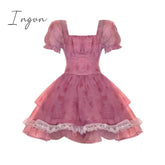 Ingvn - Pink Floral Short Party Dress Sexy Lace Puff Fairy Kawaii Clothing Mini Dress Fashion Birthday Lolita Dress Women Summer 2023