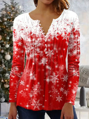 Ingvn - Women's Shirt Black Pink Red Snowflake Button Print 3/4 Length Sleeve Christmas Weekend Streetwear Round Neck Regular Fit