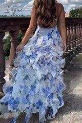 Ingvn - Sexy Not Positioning Printed Flowers Patchwork Flounce V Neck Sling Dresses