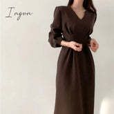 Ingvn - Spring Autumn Women Solid Black Elegant Office Lady V Neck Fashion Long Korea Chic Dress