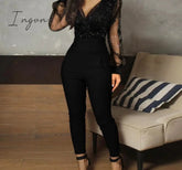Ingvn - Rompers Womens Jumpsuit Black Elegant Sequins Mesh Glitter Party Night Sexy Spring Long Pants One Piece Clothes Overalls