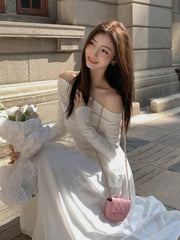 Elegant Evening Party White Dress Women Korean Off Shoulder Long Sleeve Birthday A-Line Robe Autumn Streetwear Corset Clothes