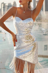 Ingvn - Sexy Patchwork Tassel Sequins Backless Spaghetti Strap Sleeveless Dress Dresses