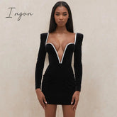 Ingvn - Long Sleeve Sexy Deep V Neck Wired Diamante Crystal Padded Should Bodycon Outfits Women Winter Velvet Party Dress