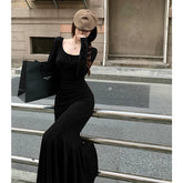 Sexy Solid Midi Dress Women Long Sleeve U-neck Bodycon Mermaid Autumn Winnter Base Dresses Korean Fashion Prom Vestidos Robe New