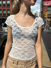 White Lace Sexy Transparent Crop Top Summer Short Sleeve Crew Neck Thin Streetwear T-shirt Women Casual Chic Cute Tees Tops 2023