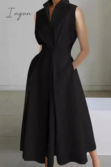 Ingvn - Casual Simplicity Solid Pocket Fold V Neck Shirt Dresses