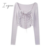 Ingvn - 2023 Spring Basic Lace Y2k Crop Tops Woman Slim Pure Color Korean T-shirt Office Lady Casual Fashion Clothing Female Design