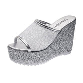 Bling Golden Women Slippers Summer Shoes Platform(4cm) Outside Fitting-room 11cm High Heels Wedges Solid Mesh Female Slides
