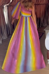 Ingvn - Celebrities Elegant Striped Slit Contrast Oblique Collar Waist Skirt Dresses