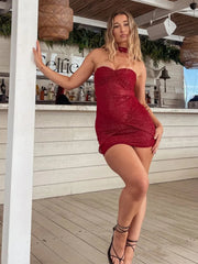 Halter Strapless Ruched Sexy Mini Dress For Women Robe Fashion Solid Off-shoulder Backless Sleeveless Club Dress New