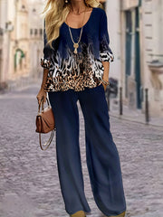 Plus Size Casual Outfits Set, Women's Plus Colorblock Leopard Print Long Sleeve Round Neck Top & Pants Outfits Two Piece Set