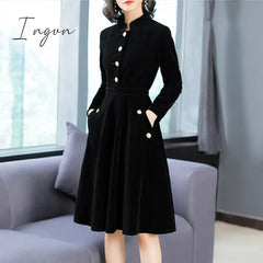 Ingvn - New Autumn And Winter Women European And American Hepburn Style Dress Black Thin Retro Velvet Collar