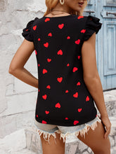Heart Print Ruffle Trim Blouse, Casual V-neck Blouse For Spring & Summer, Women's Clothing