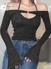 Ingvn - Y2K Top Women Long Sleeve T-Shirts 2 Piece Tops Halter Tanks Backless Crop Top Off Shoulder Tees Sexy Christmas Clothes